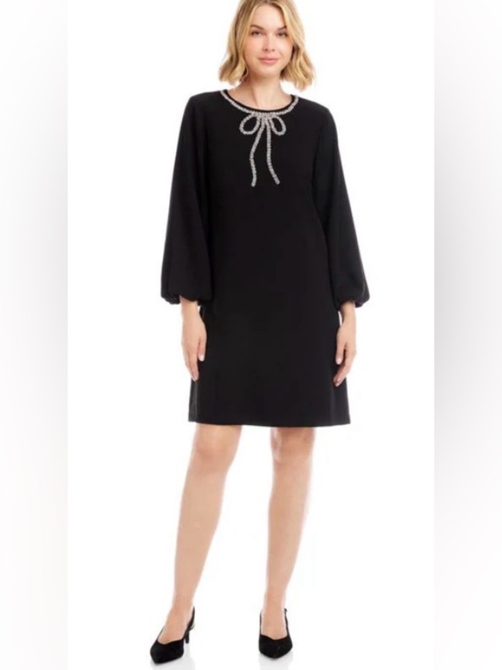 NWT Karen Kane Black Embellished Bow Neck Long-Sleeve Shift Dress